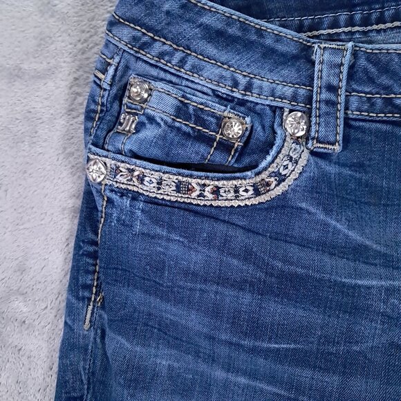Miss Me Jean Womens 31x28, Tag 30x32 Blue Denim Bootcut Embellished Hemmed Up - Picture 6 of 16